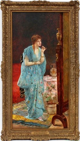 Young Woman By Mirror Oil Painting by Vicente Palmaroli y Gonzales