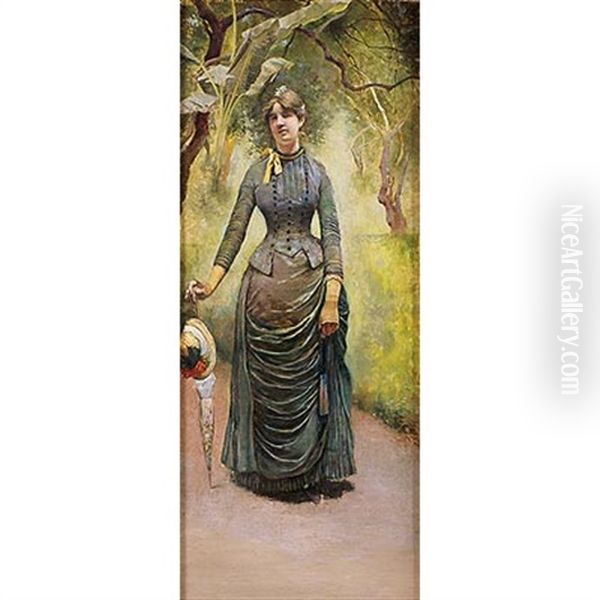 Dama Con Sombrilla En El Jardin Oil Painting by Vicente Palmaroli y Gonzales