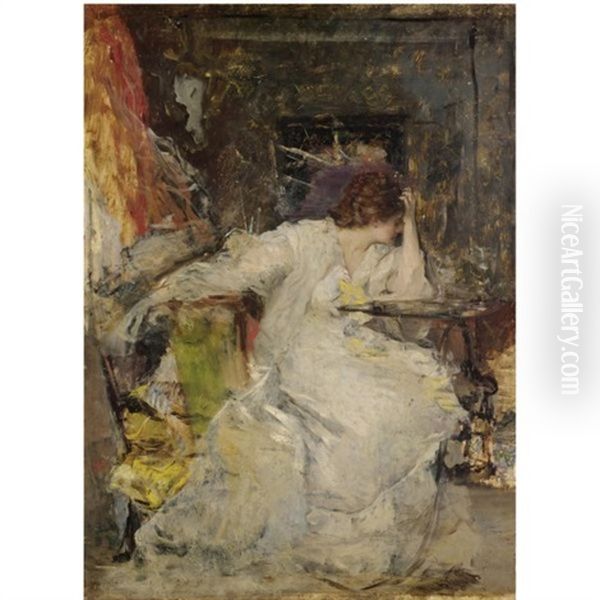 Woman In An Interior Oil Painting by Vicente Palmaroli y Gonzales