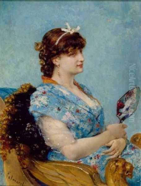 A Seated Woman With Hand Mirror Oil Painting by Vicente Palmaroli y Gonzales