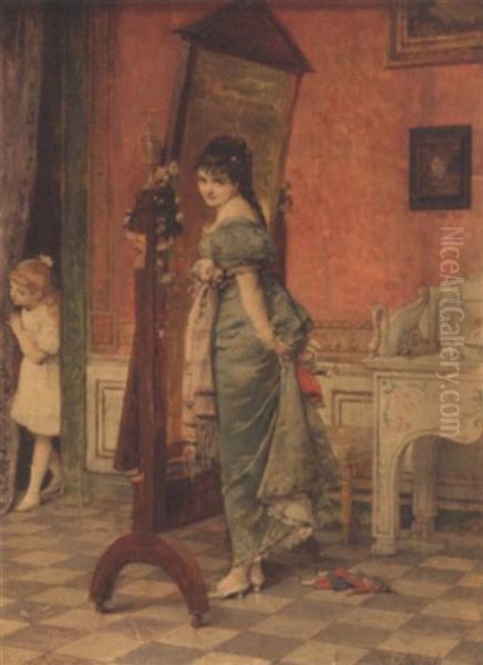 A Mother And Daughter Oil Painting by Vicente Palmaroli y Gonzales