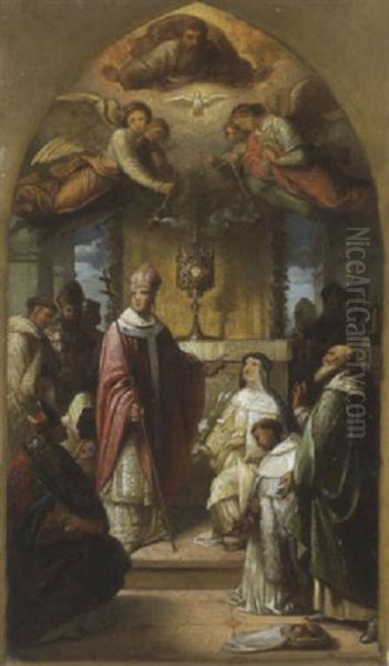 St. Norbert Und Die Heiligen Seines Ordens In Der Peterskirche Vor Pabst Honorius Ii. Kniend. Oil Painting by Augustin Palme