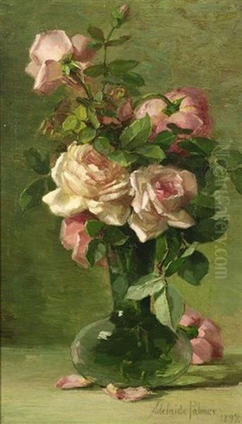 Still Life With Pink Roses Oil Painting by Adelaide Palmer