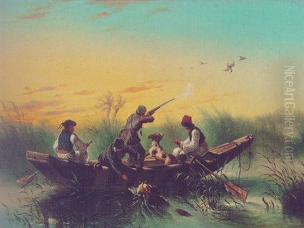 Duck Hunters And Dogs In Marsh Oil Painting by Frances F. Palmer