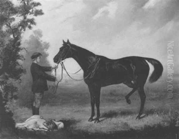 Black Horse In A Landscape With Groom Oil Painting by James Lynwood Palmer