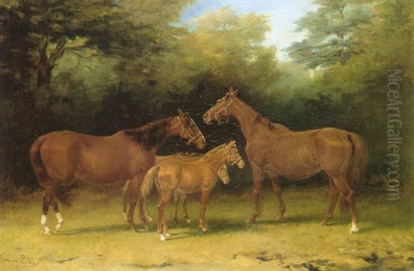 Mares And Two Foals In A Field Oil Painting by James Lynwood Palmer