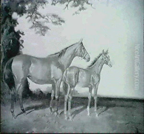 Scotch Gift With Her Grey Colt Foal, The Satrap, In A       Landscape Oil Painting by James Lynwood Palmer