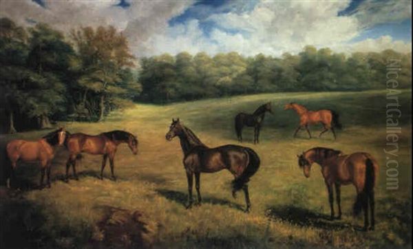 Carbine, Ayrshire, St Simon, St Serf, Raeburn, Donovan:     Stallions Owned By The Duke Of Portland, At The Welbeck Oil Painting by James Lynwood Palmer