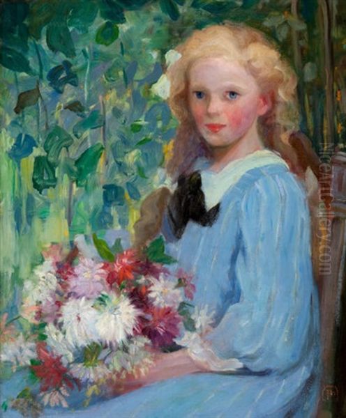 Girl With Flowers Oil Painting by Pauline Palmer