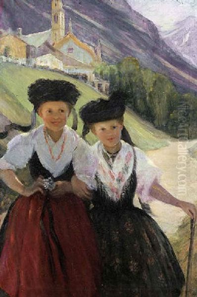 Two Girls In A European Landscape Oil Painting by Pauline Palmer