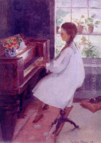 Young Girl At The Piano Oil Painting by Pauline Palmer