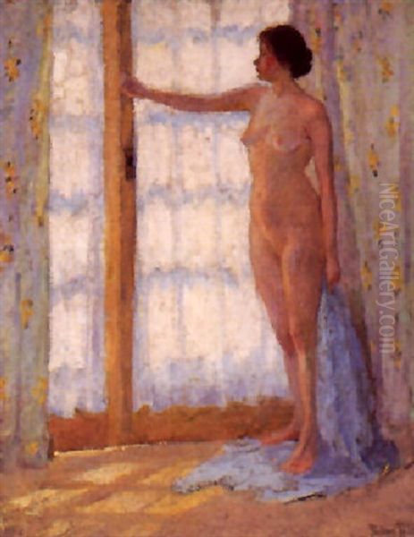 Full Length Nude In A French Window In Blue Watercolor Silk Robe Oil Painting by Pauline Palmer