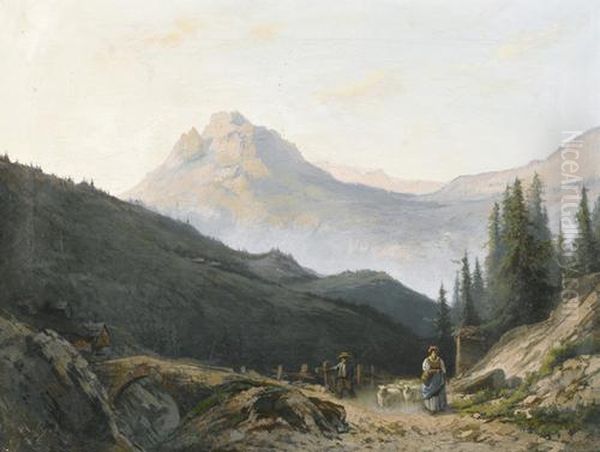 Alpenpartie Mit Schafherde Und Hirten. Oil Painting by Vincent Blatter