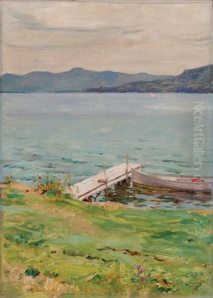 View Of The Lake With Dock And Row Boat Oil Painting by Walter Launt Palmer