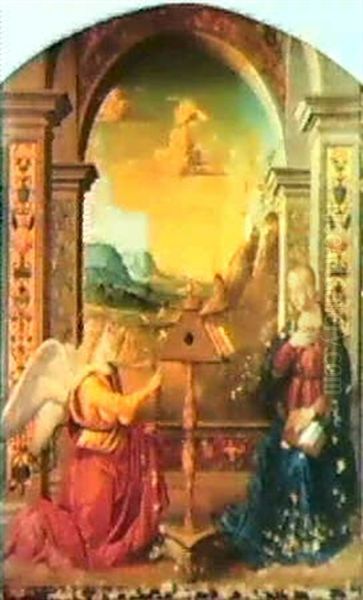 The Annunciation, A Distant Landscape Through A Loggia      Beyond Oil Painting by Marco Palmezzano