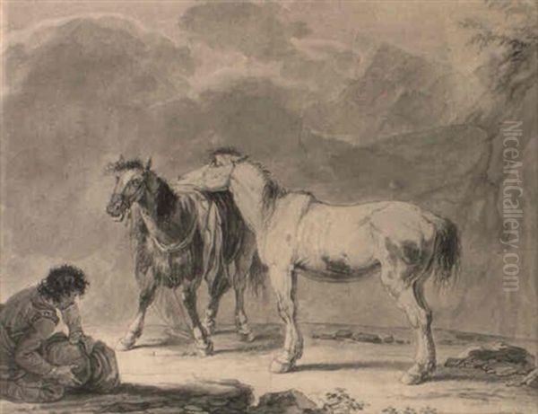 Two Horses And A Traveller In A Mountainous Landscape Oil Painting by Pietro Giacomo Palmieri