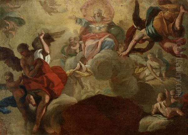 God The Father And The Holy Spirit Surrounded By Angels, A Ceiling Design Oil Painting by Acisclo Antonio Palomino de Castro y Velasco