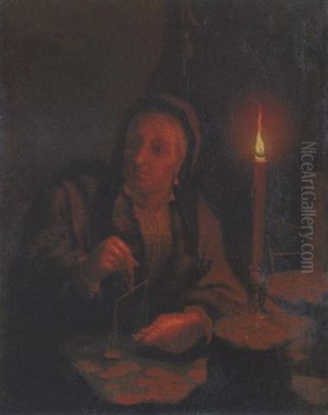 An Old Woman Weighing Gold Pieces At A Table By Candlelight Oil Painting by Gerard Jan Palthe