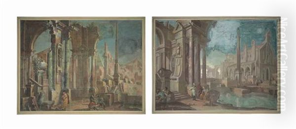 A Capriccio Of Classical Ruins With Figures Resting By A Canal, A Church Beyond (+  An Architectural Capriccio With Figures Conversing Among Ruins (pair) Oil Painting by Pietro Paltronieri