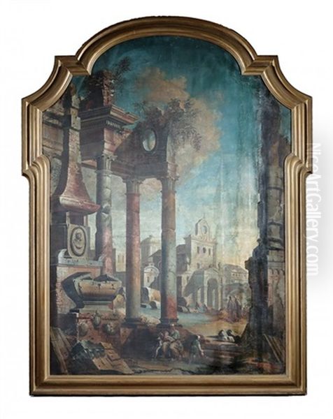 Capriccio Landscape With Classical Tombs Amid Ruins Oil Painting by Pietro Paltronieri