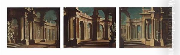 Architectural Capriccios, With Classical Statues (set Of 3 Works) by Pietro Paltronieri