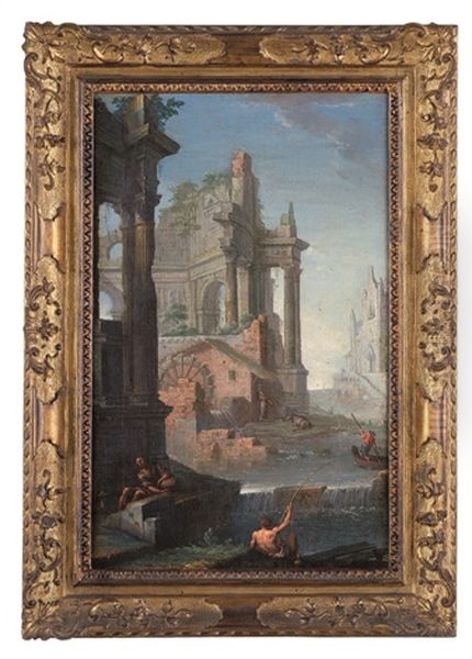 Paesaggio Lacustre Con Capriccio Architettonico E Figure Oil Painting by Pietro Paltronieri