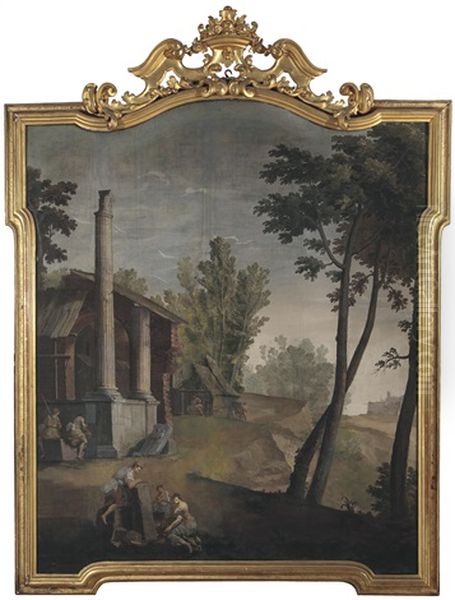 Landschaft Mit Einer Ruine Und Figuren; Landschaft Mit Ruinen Und Figuren An Einem Fluss (pair) Oil Painting by Pietro Paltronieri