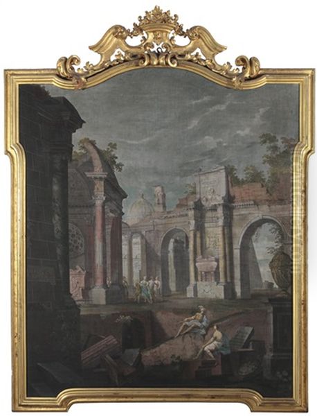 Capriccio Mit Romischen Ruinen Und Einer Gruppe Tanzender Im Hintergrund; Capriccio Mit Romischen Ruinen Und Figuren An Einem Brunnen (pair) Oil Painting by Pietro Paltronieri