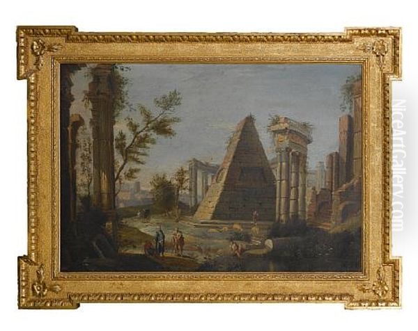 A Shepherd, An Oriental And Other Figures Before A Capriccio Of Classical Ruins by Pietro Paltronieri