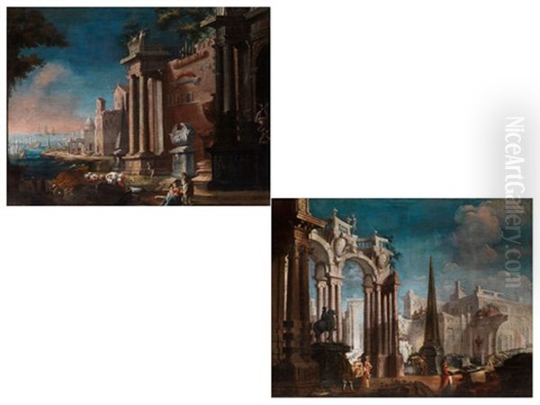 Romische Architekturcapricci (pair) Oil Painting by Pietro Paltronieri