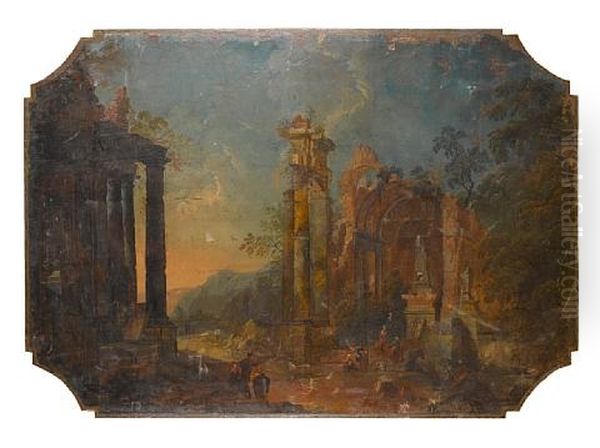 An Architectural Capriccio With Figures Among Roman Ruins Oil Painting by Pietro Paltronieri