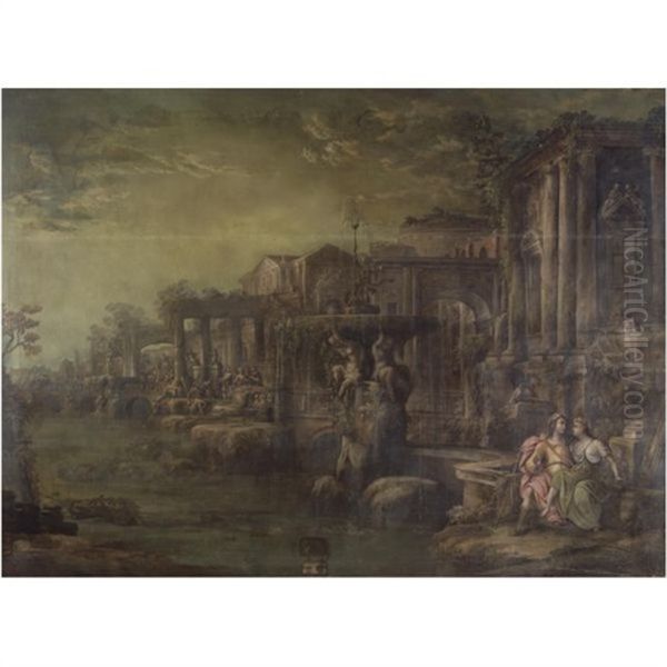 Capriccio Architettonico Con Figure E Una Fontana Oil Painting by Pietro Paltronieri