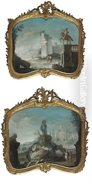 An Architectural Capriccio With A Herm Of Bacchus (+ An Architectural Capriccio With An Equestrian Monument; Pair) Oil Painting by Pietro Paltronieri