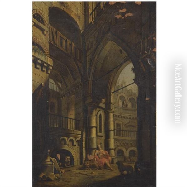 A Capriccio Of Classical Ruins With Daniel In The Lion's Den Oil Painting by Pietro Paltronieri