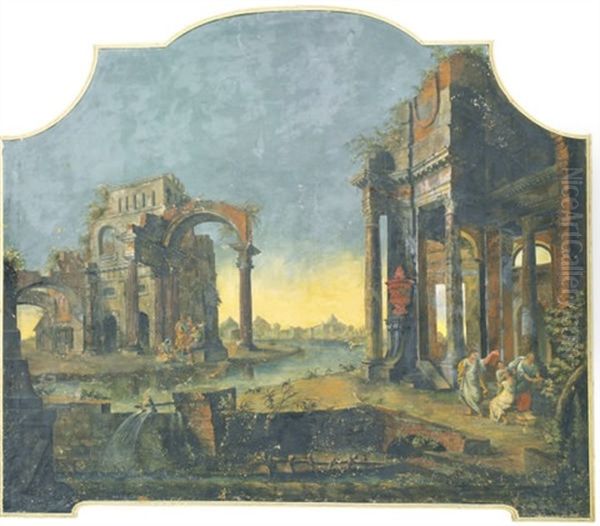 An Architectural Capriccio With Figures Among Ruins Oil Painting by Pietro Paltronieri