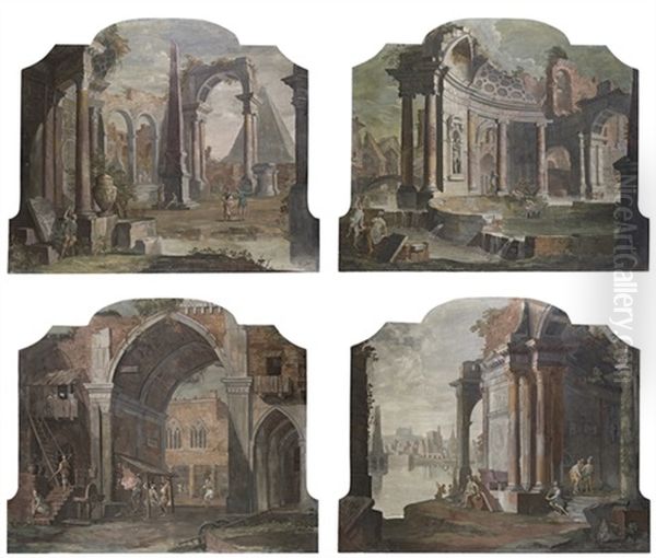 A Capriccio With An Obelisk And A Pyramid (+ 3 Others; 4 Works) Oil Painting by Pietro Paltronieri