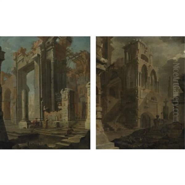 Ruins Of A Gothic Church With A Tombstone And Figures (+ Classical Ruins With Figures Before A Pool; Pair) Oil Painting by Pietro Paltronieri