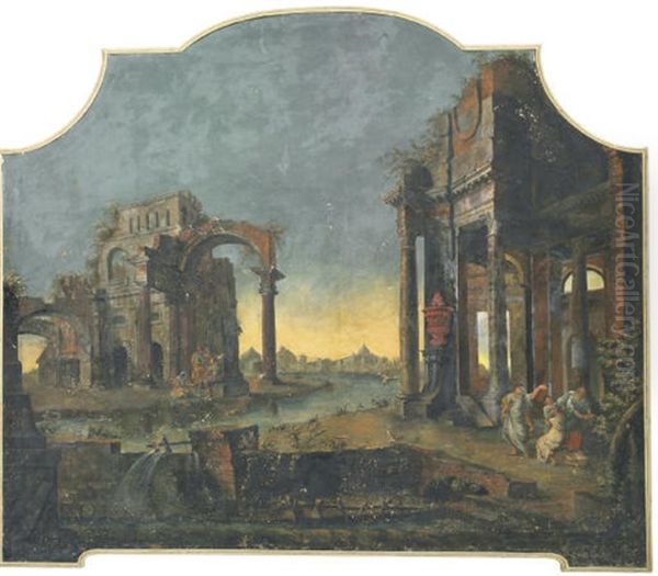 An Architectural Capriccio With Figures Among Ruins Oil Painting by Pietro Paltronieri