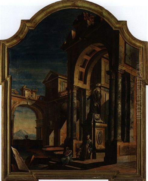 Architektur-capriccio Vor Einer Saulenhalle, Darin Ein Steinerner Condottiere Oil Painting by Pietro Paltronieri