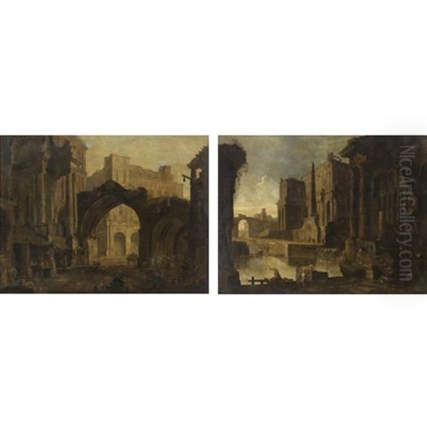 Capricci Architettonici (pair) Oil Painting by Pietro Paltronieri