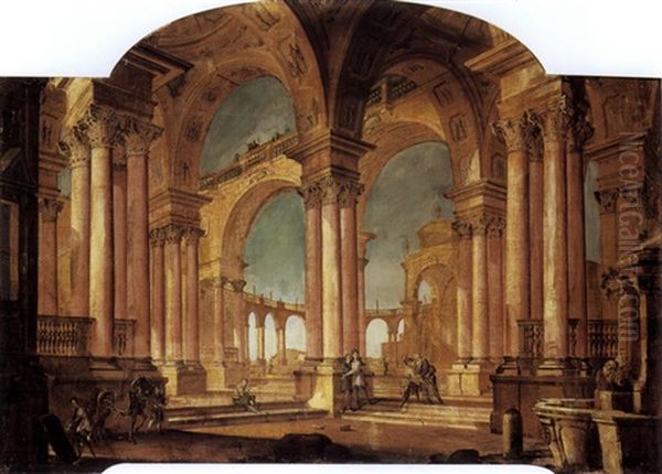 Architectural Capriccio With Figures In A Portico (collab. W/vittorio Maria Bigari) Oil Painting by Pietro Paltronieri