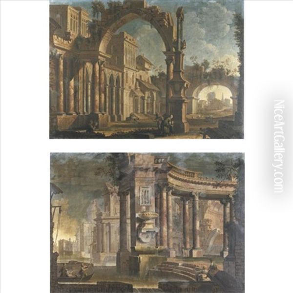 Architectural Capriccio With Figures Underneath An Arch (+ Architectural Capriccio Along A River; Pair) Oil Painting by Pietro Paltronieri