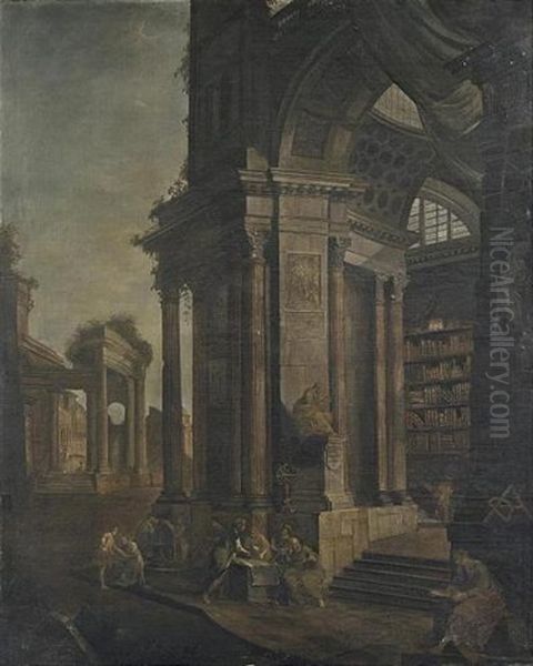 Veduta Fantastica Con Antica Biblioteca E Filosofi Oil Painting by Pietro Paltronieri