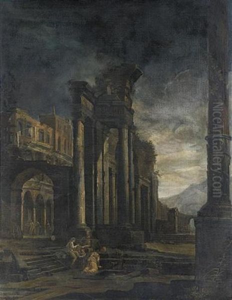 Veduta Fantastica Con Rovine Classiche E Personaggi Popolari Oil Painting by Pietro Paltronieri