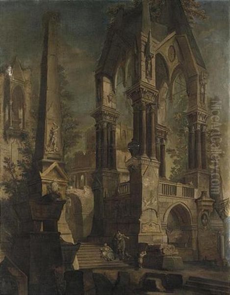 Veduta Fantastica Con Tombe E Grande Monumento Goticheggiante Oil Painting by Pietro Paltronieri