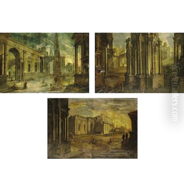 Architectural Capriccios (3 Works) Oil Painting by Pietro Paltronieri