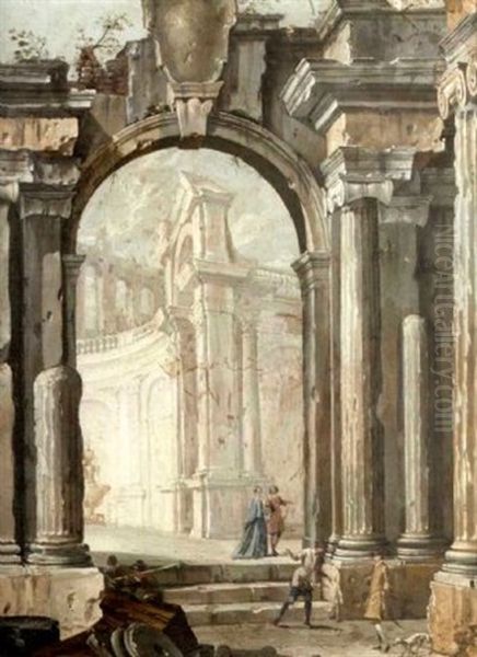 Elegant Figures Amongst Ruins Oil Painting by Pietro Paltronieri