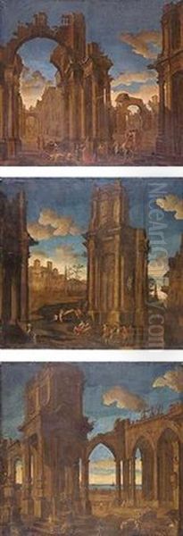 Capriccio With Figures Among Classical Ruins Oil Painting by Pietro Paltronieri