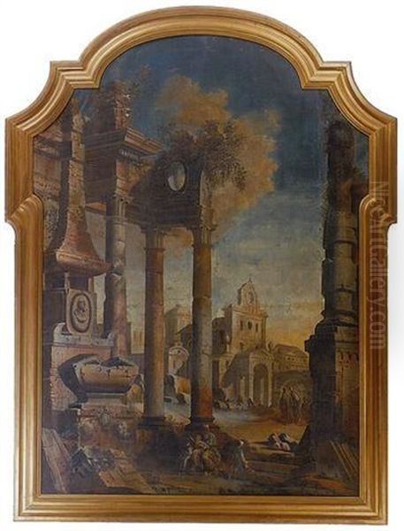 A Capriccio Landscape With Figures By Ruins In The Foreground Oil Painting by Pietro Paltronieri