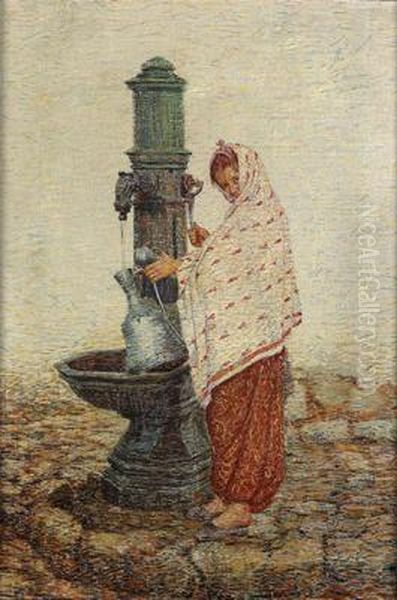 Fountain Oil Painting by Leopold Blauensteiner